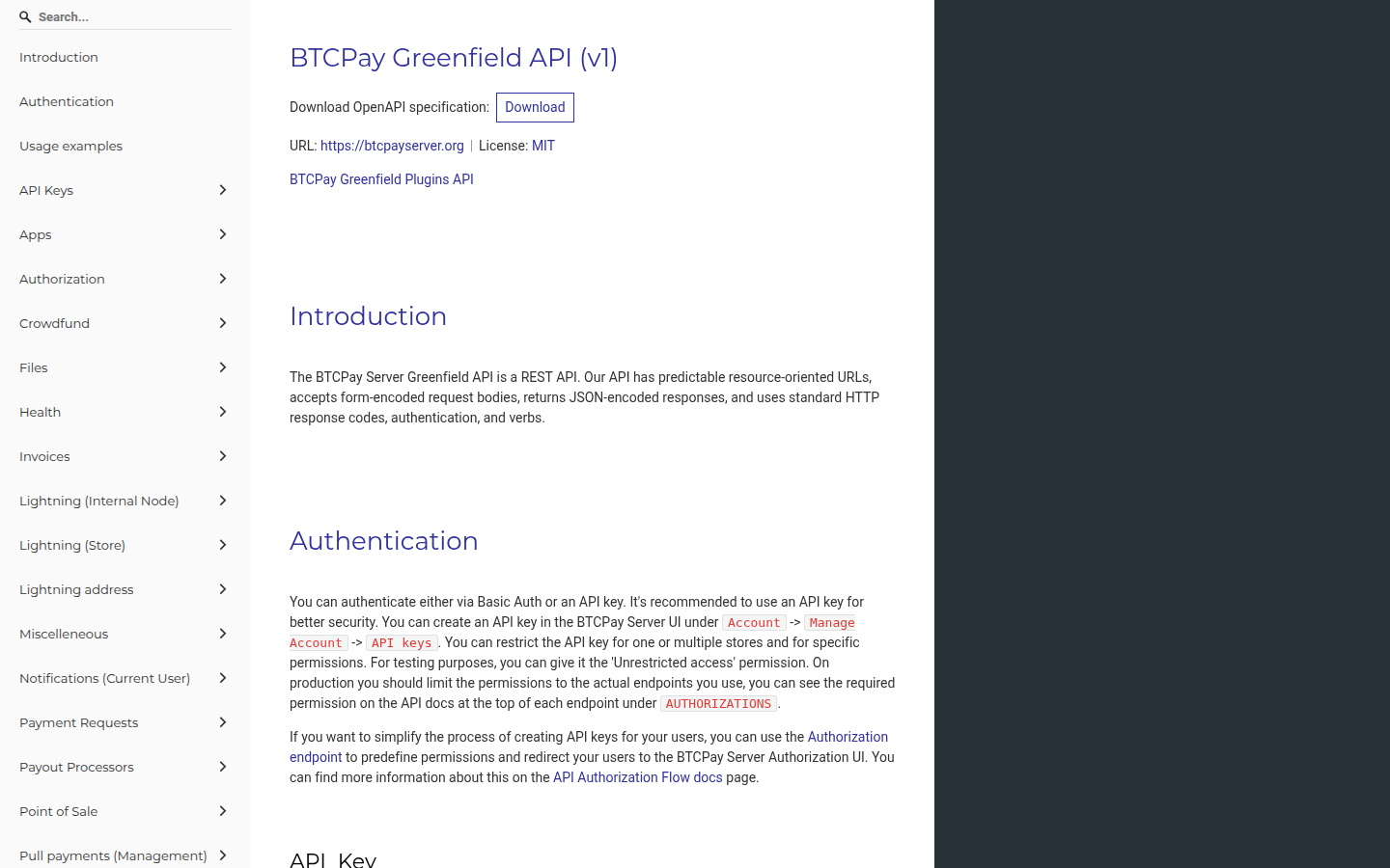 BTCPay Server Greenfield API documentation showing its store, invoice, Lightning, payout, and application resources