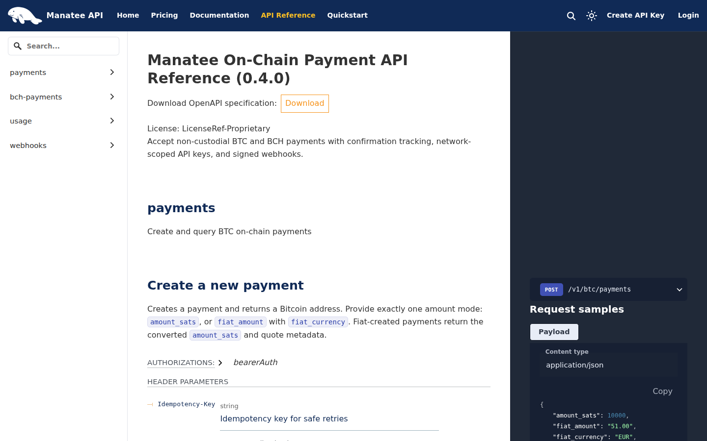 Manatee API reference showing the BTC and BCH payment resources and a create-payment request