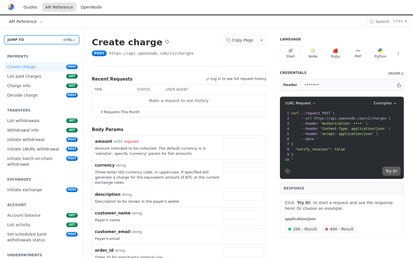 OpenNode create charge API documentation with payment parameters, account resources, transfers, and exchange endpoints